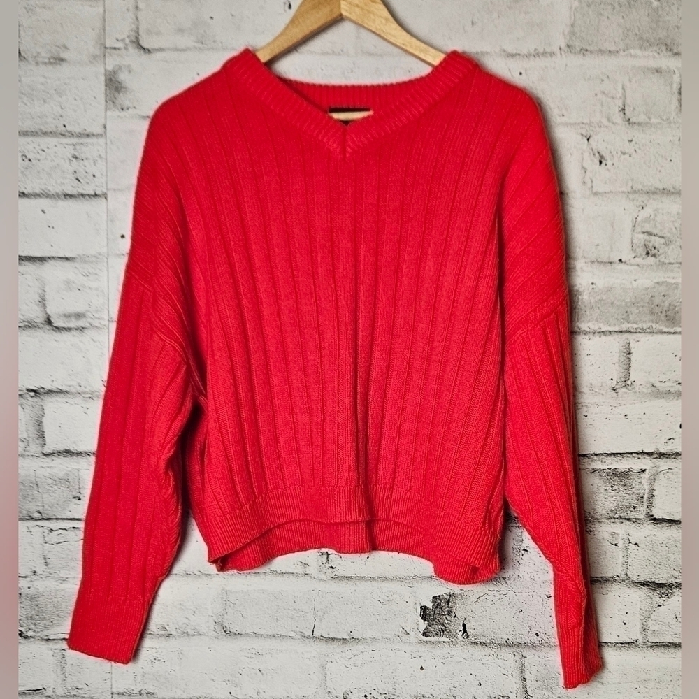 Topshop Red Ribbed Knit V-Neck Oversized Sweater Women’s Size 8